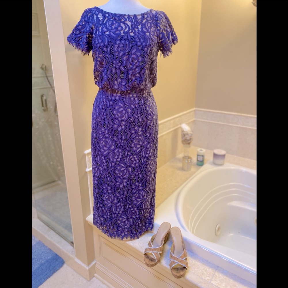 NWOT JS collection gorgeous purple lace dress cinch waist cap sleeves, size 10